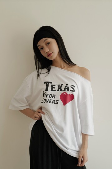 (NG)雙色TEXAS美式慵懶感斜肩上衣-白