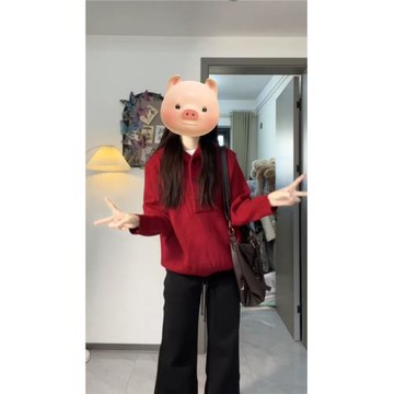 圣誕節新年紅色連帽套頭毛衣女春季新款寬松慵懶風別致針織衫上衣
