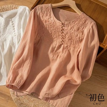 初色  棉麻風刺繡文藝T恤上衣-共4色-66518(M-2XL可選)