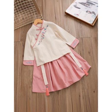 女童漢服古裝春秋棉麻長袖唐裝寶寶兒童套裝演出服襦裙民國學生裝