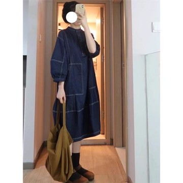 大碼女裝連衣裙秋寬松巨顯瘦遮肉別致甜辣胖mm氣質減齡牛仔a字裙