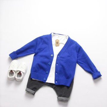 2024春款ins日系男女兒童寶藍色純全棉針織毛線衫中小童寶寶開衫