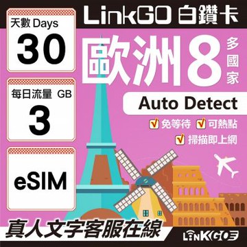LINKGO白鑽卡 歐洲8國 eSIM卡 30天上網卡 每日3GB (歐洲網卡 法國 瑞典 奧地利 英國)