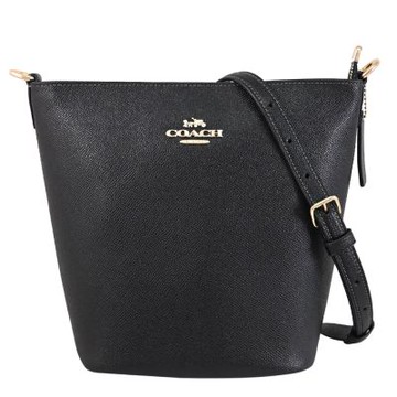 COACH 金屬LOGO防刮紋皮革斜背/水桶包(黑)