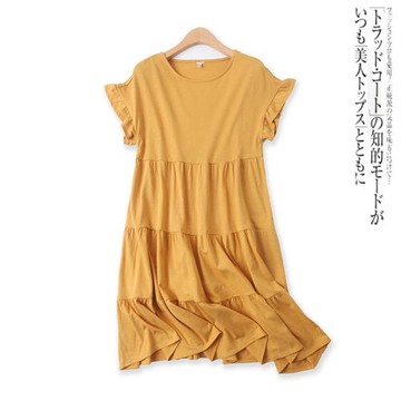 連衣裙夏新款外貿女裝時尚百搭寬松顯瘦圓領短袖中長蛋糕裙14107