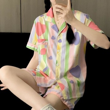 Xuan♥睡衣套裝夏日開衫短袖短褲套裝鬱金香可外穿寬鬆家居服