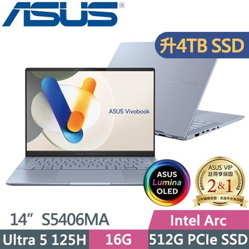 ASUS Vivobook S14 OLED S5406MA-0038B125H迷霧藍(Ultra 5 125H/16G/4TB SSD/14吋OLED/W11)特仕