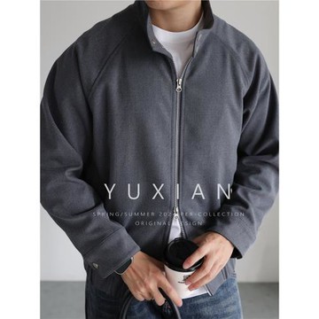 YUXIAN美式重磅斜紋哈靈頓夾克立領抗起球毛呢外套男士保暖秋冬季