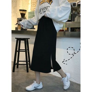 大碼設計感開叉中長款西裝面料小黑裙顯瘦a字包臂裙ins胖mm半身裙