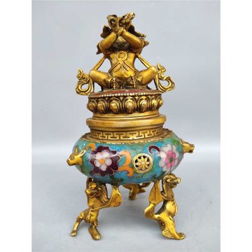 舊藏純銅景泰藍琺瑯彩高21*10公分1250克金剛佛母熏香爐擺件