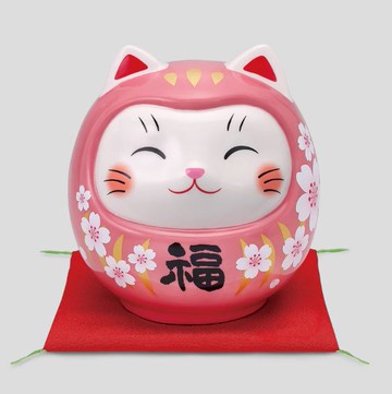 日本製【薬師窯】瀨戶純手工彩繪開運達摩貓(大款)(存錢筒) 粉色/紅色