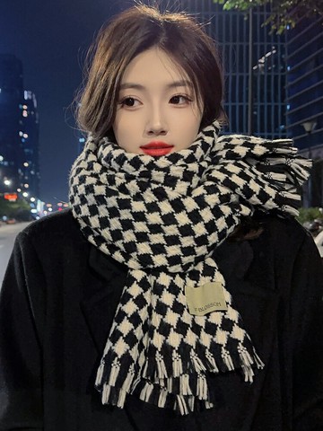 高級感2022新款格子網紅圍巾女冬季保暖韓版百搭學生針織毛線圍脖