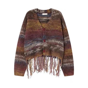 200斤外貿特大碼女裝速賣通亞馬遜歐美復古條紋扎染流蘇針織開衫