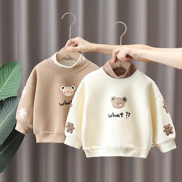 童裝兒童洋氣小熊一體絨衛衣秋冬款嬰幼兒男女寶寶半高領打底衫潮