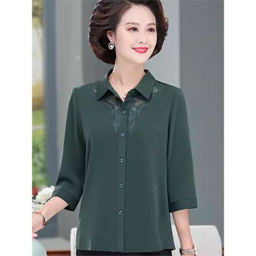 媽媽夏裝純色七分袖真絲襯衫氣質上衣中老年女大碼寬松桑蠶絲襯衣
