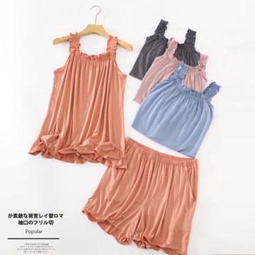 莫代爾方領背心短褲家居服套裝女夏季薄款寬松睡衣可外穿兩件套