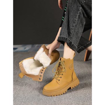 大黃靴真皮馬丁靴女潮冬加絨加厚短靴棉鞋東北雪地靴皮毛一體女鞋