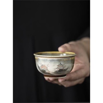 半梵孤品景德鎮手繪柴燒亭臺樓閣高端茶盞品茗男士主人杯單個茶杯