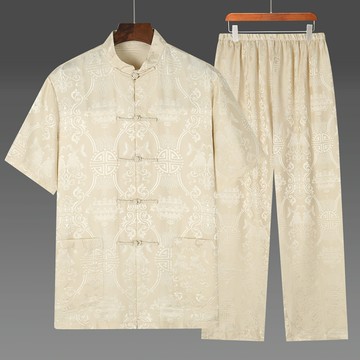 高檔真絲中國風唐裝男夏季短袖桑蠶絲綢套裝爸爸爺爺中老年人男裝