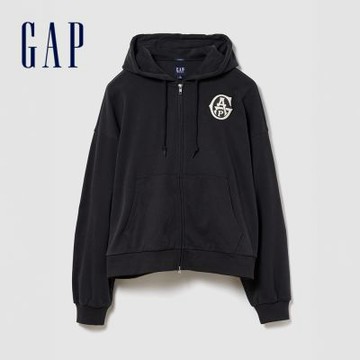 【GAP】VintageSoft毛圈布寬版Gap Logo 拉鍊連帽運動衫-無月黑(887929)
