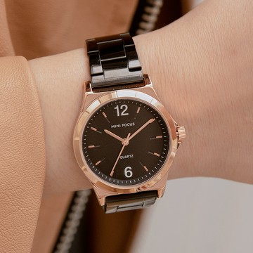 MINIFOCUS面對的勇氣小錶面同心圓金屬鍊帶手錶【WMF0308】-黑面黑帶