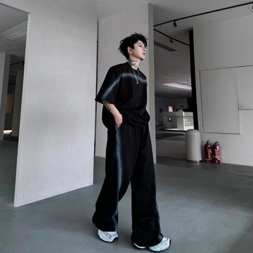 美式撞色印花短袖休閒闊腿長褲套裝男款夏季T恤彎刀褲兩件套學生