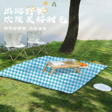 亞馬遜藍色格子印花戶外防潮墊耐磨牢固包邊魔術貼設計露營野餐墊
