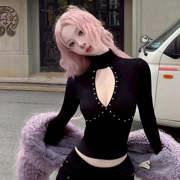 長袖t恤 INS韓系黑色鏤空低胸內搭短版上衣打底衫緊身顯瘦微辣上衣大碼女裝 10416