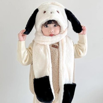 兒童三件套帽子圍巾手套一體護脖帽狗狗耳朵會動加厚保暖毛絨帽潮