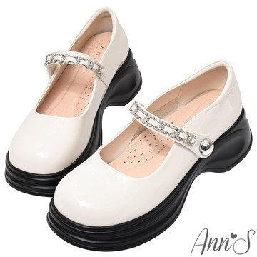 Ann’S鑽石繫帶漆皮圓頭輕量厚底瑪莉珍5cm-米白