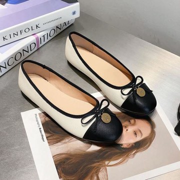小香風豆豆鞋23春秋季韓版新款圓頭平跟軟底奶奶鞋蝴蝶結拼色單鞋