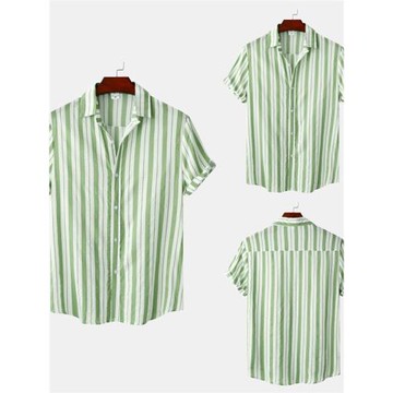 2023夏新款男士清新綠色條紋短袖襯衫Striped Short Sleeve Shirt