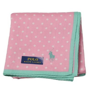 POLO RALPH LAUREN 粉紅底粉綠邊小馬標誌波點LOGO圖騰帕領巾(51CM)