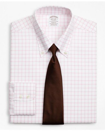 Brooks Brothers Men's Stretch Soho Extra-Slim-Fit Dress Shirt, Non-Iron Twill Button-Down Collar Grid Check | Pink | Size 16½ 37