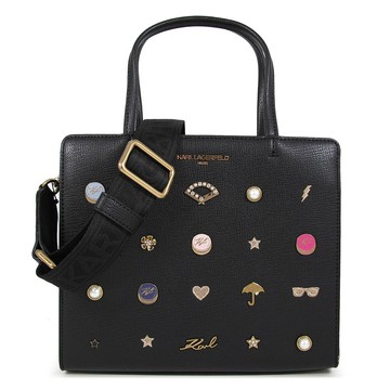 KARL LAGERFELD MAYBELLE 金字LOGO黑色鵝卵石紋皮革卡爾立體徽章配飾手提肩斜兩用包