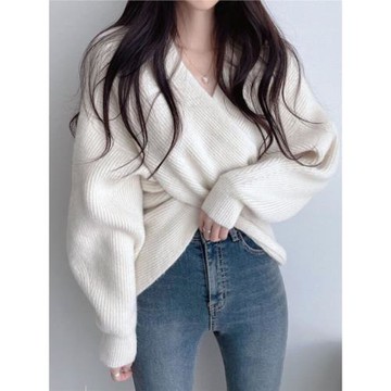 韓國ins軟軟糯糯設計感小眾交叉v領套頭針織衫保暖加厚外穿毛衣女