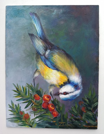 Chickadee Oil Painting Original Art Bird on Canvas panel.