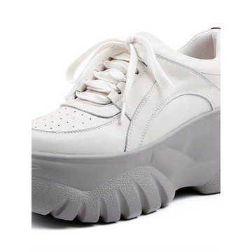 真皮厚底松糕鞋女款英倫百搭單鞋加絨休閑鞋槍色坡跟小個子增高鞋