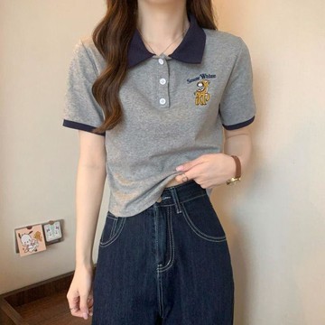 【砂糖夢境】polo衫短袖t恤女2026夏季新款高腰修身卡通刺繡翻領短款百搭上衣