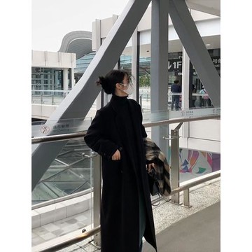 高級感黑色呢子大衣女秋冬小個子2025新款中長款正肩加厚毛呢外套