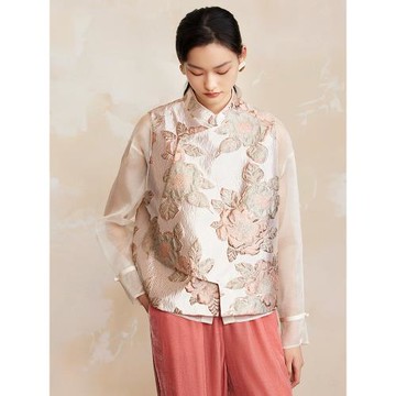 如意連云【瑤燁】亮絲緞面提花馬甲女新中式國風口袋金屬扣背心