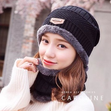 《Caroline》韓版秋冬套頭帽貼布加绒保暖針織毛線帽&圍脖2件套72354