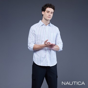 Nautica 男裝 清新跳色條紋長袖襯衫-白色