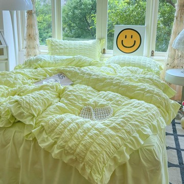 床包組 三件組 四件組  床單被套枕套床包 家用寢具公主風泡泡紗提花四件套床裙床上用品被套純色花邊水洗棉三件套