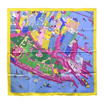 HERMES 經典The Battery New York系列紐約曼哈頓市景真絲絲巾(90cm-藍/黃)