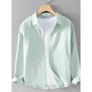 春季亞麻襯衫男長袖薄款寬松純色日系休閑百搭青年工裝白棉麻襯衣