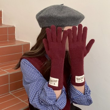 FUXI 毛線手套女 五指手套 韓版素色保暖手套 針織手套 長款手套 可觸屏露指騎行手套 情侶手套 百搭手套