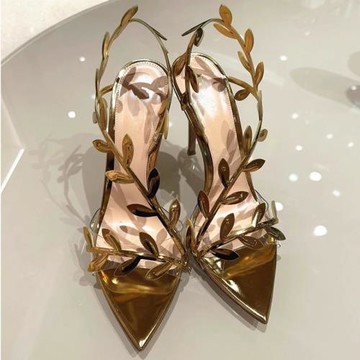 歐美2025春夏新款細跟尖頭金色高跟鞋女法式樹葉性感露趾透明涼鞋