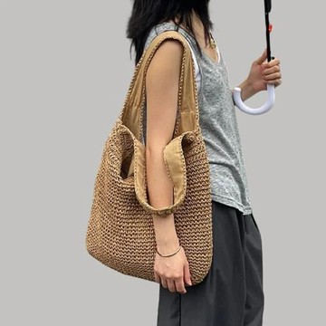 UR草編包包女2025新款潮海邊沙灘編織包網紅大容量草編單肩托特包