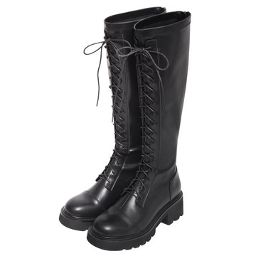 ANNSTAR 丹妮婊姐聯名-塑身衣效果彈力皮革綁帶造型及膝長靴5.5cm-黑